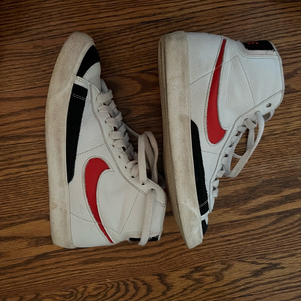Customized red and white high top nike blazers